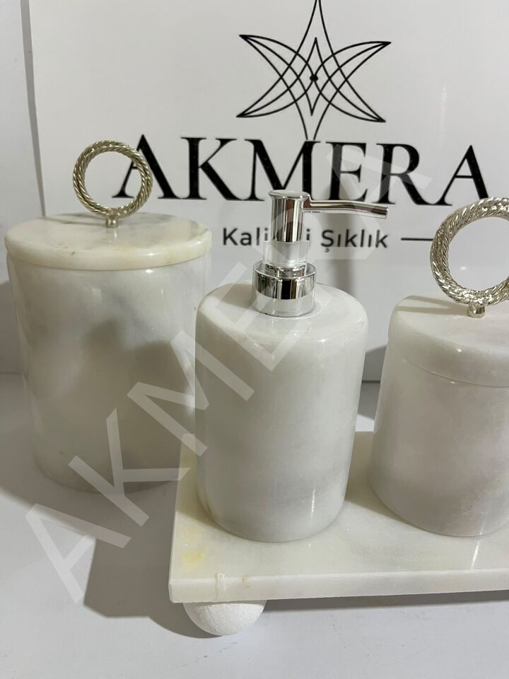 6 Parça Dikdörtgen Tepsi Gerçek Mermer Banyo Seti